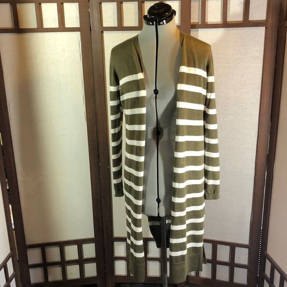 Talbots Women's Small Cardigan Olive/ White Stripe L/S Open Knit Linen NWOT - Picture 1 of 13
